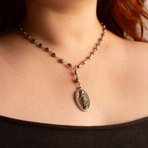 Rosary Style Drop Necklace – Vintage Inspired Silver Virgin Mary Pendant